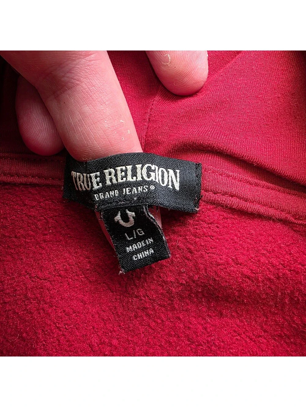True Religion Hoodie L Red Full Zip Sweatshirt Logo Graphic Front Back Cotton
